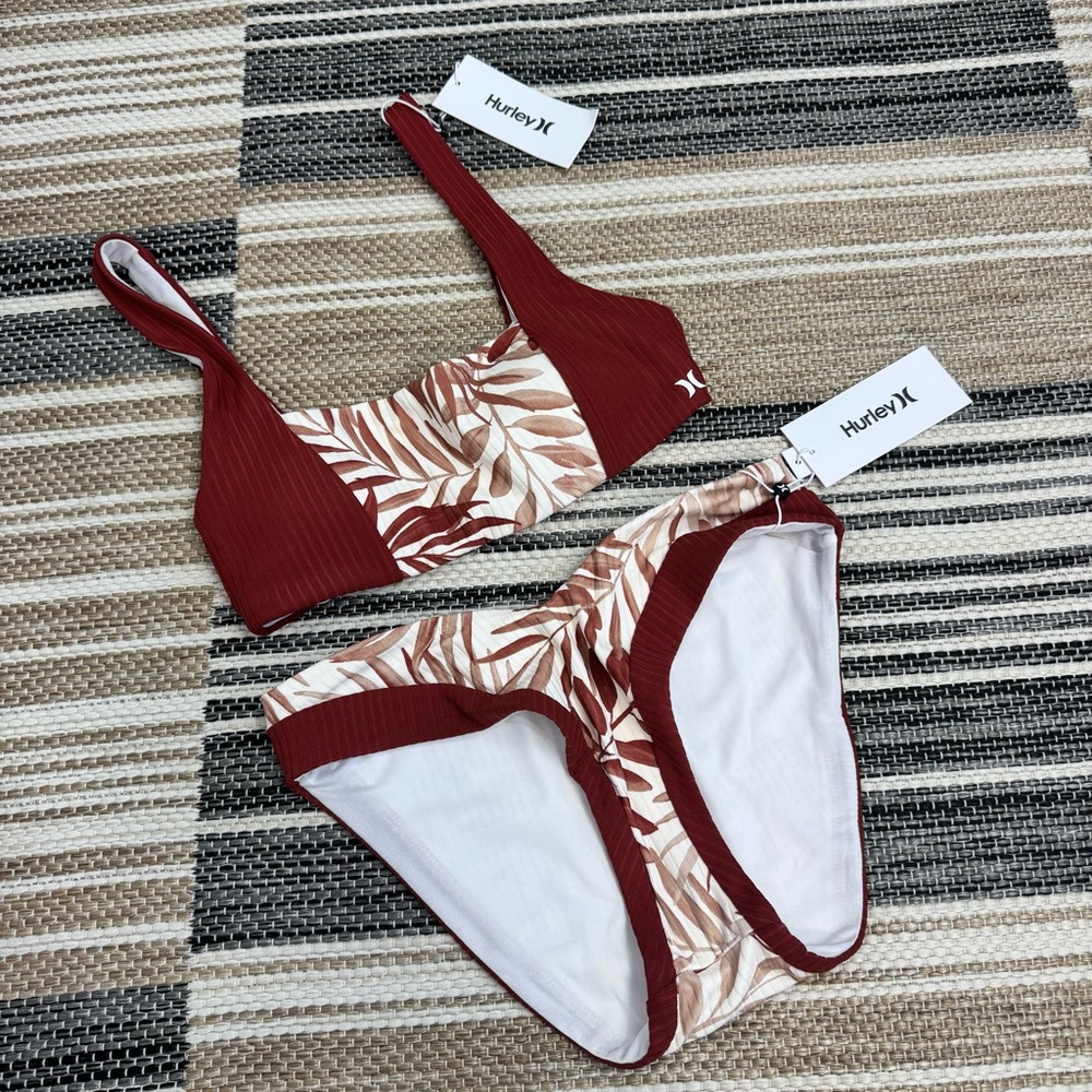 Hurley Blocked Bralette Moderate Bikini Bottom Tropical Beach